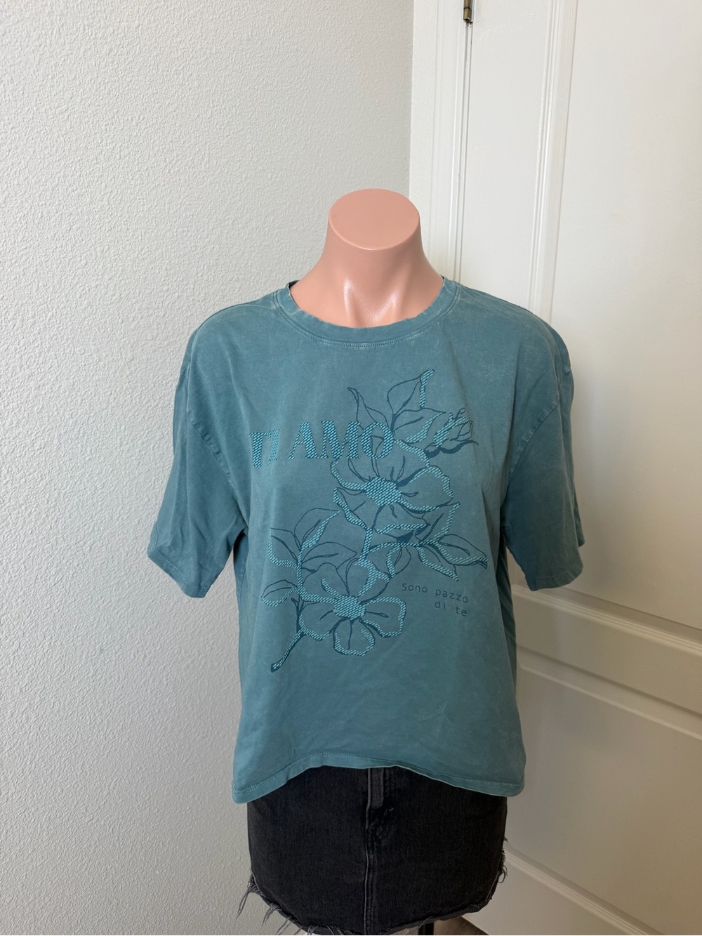 House of Cotton Teal Floral Graphic Short Sleeve Tee T-Shirt Sz L